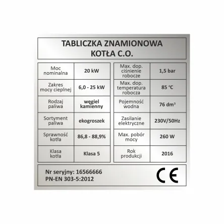 Zastępcza tabliczka znamionowa kocioł centralnego ogrzewania