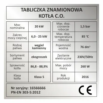 Zastępcza tabliczka znamionowa kocioł centralnego ogrzewania