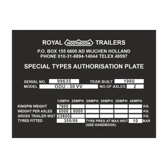 Zastępcza tabliczka znamionowa Royal Noteboom Trailers